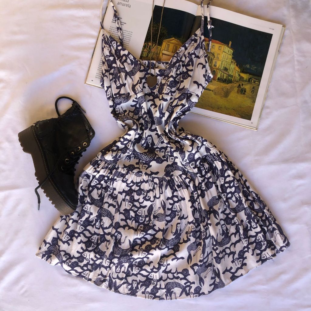 Dress Siren Curto Estampado Sereias Roxo Off-white | Brechó Vintage