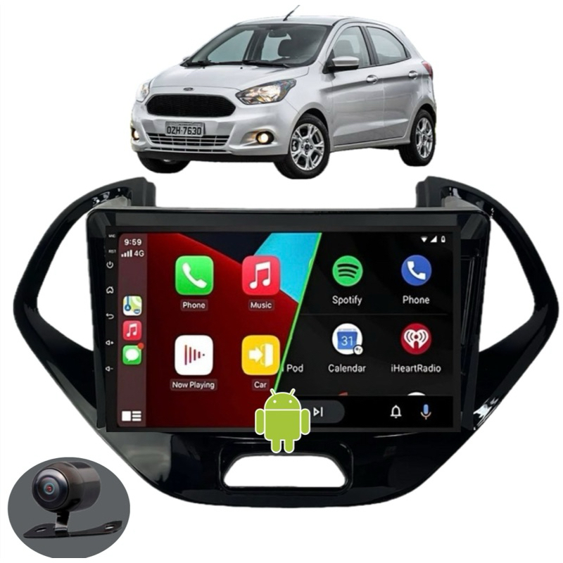 Central Multimídia 9pol Android Auto CarPlay Sem fio + Moldura Ford Ka 2014 2015 2016 2017 2018 + Camera de ré