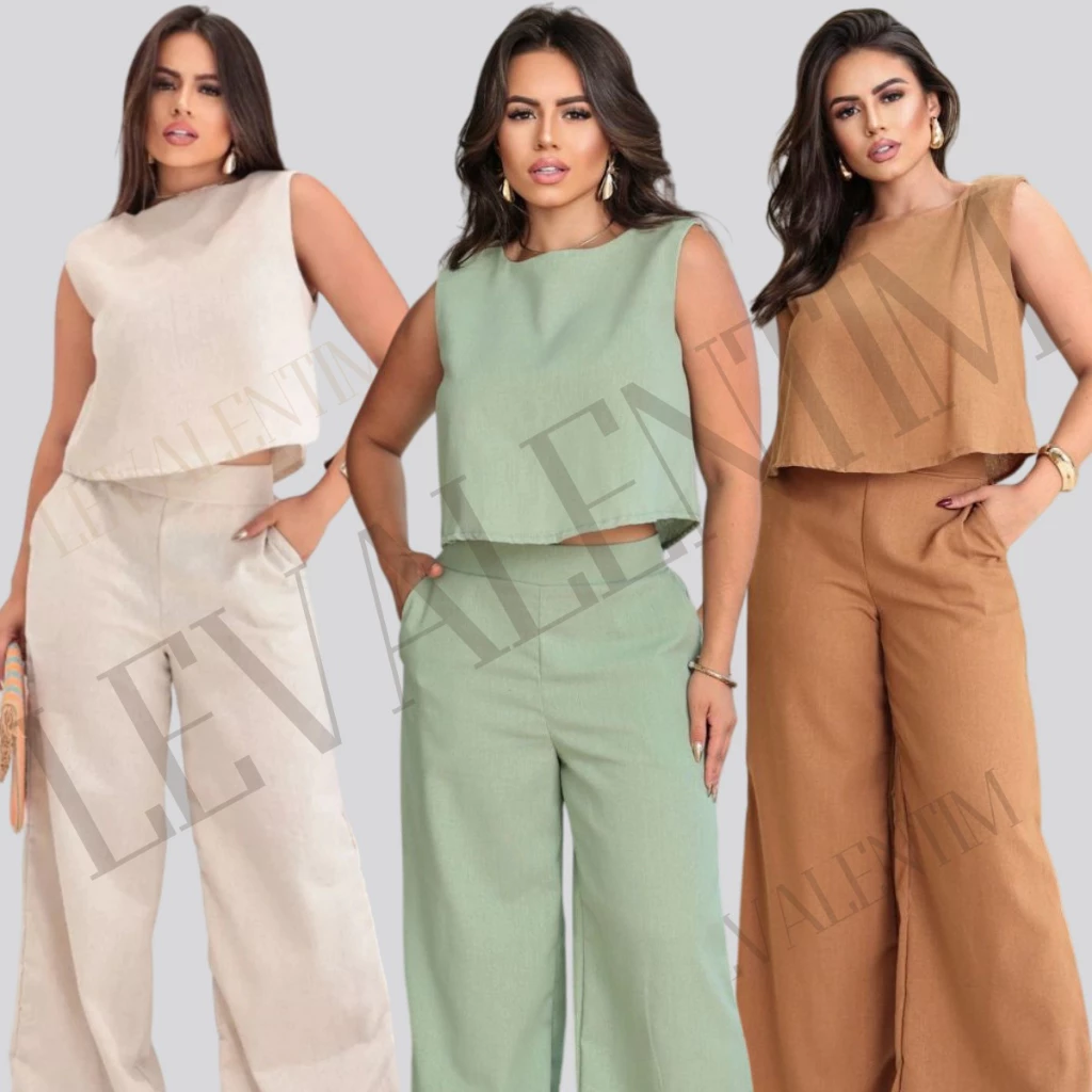 Conjunto Alfaiataria Social Feminino Calça e Blusa Em Linho