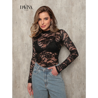 Body Feminino Renda Manga Longa Gola Alta Sexy Elegante Transparente Inverno Festa Mulher em Oferta na Shopee