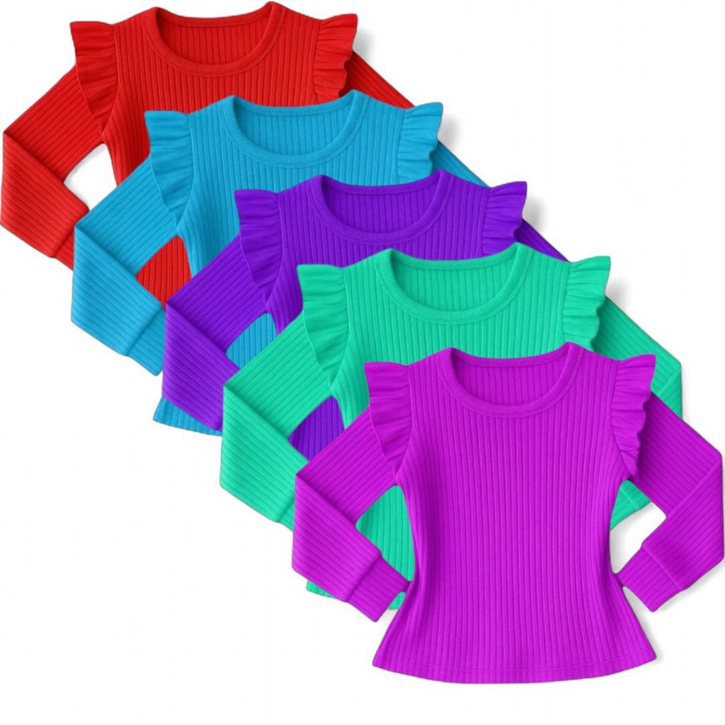 KIT com 3 Blusa Infantil Feminina Manga Longa Canelada com Babado - ENVIO Cores Sortidas em Oferta na Shopee