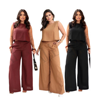 Conjunto Feminino Roupa Social Alfaiataria Confeccionados em Tecido Linho Calça Pantalona e Blusa