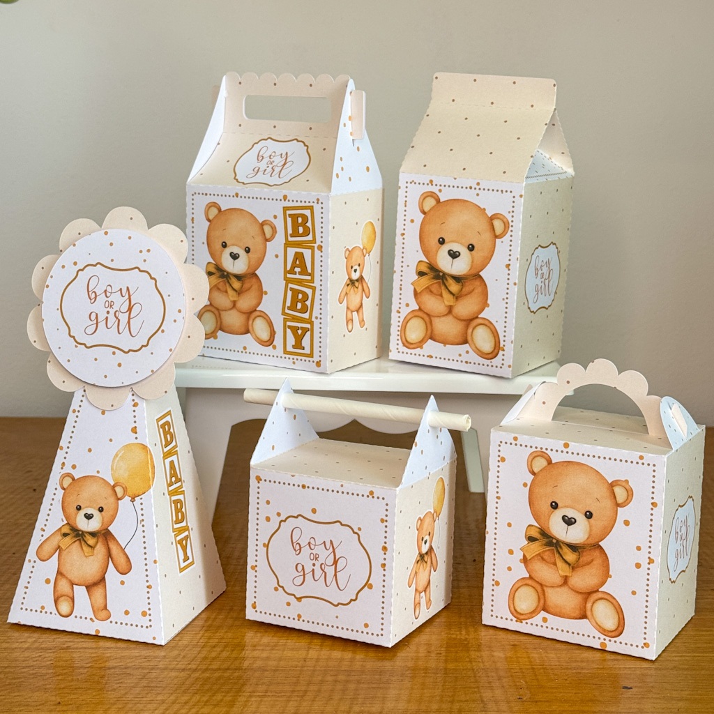 kit Festa Personalizado PEGUE E MONTE lembrançinhas Chá de bebe Chá Revelação Boy ou Girl Aniversario Urso  bege neutro