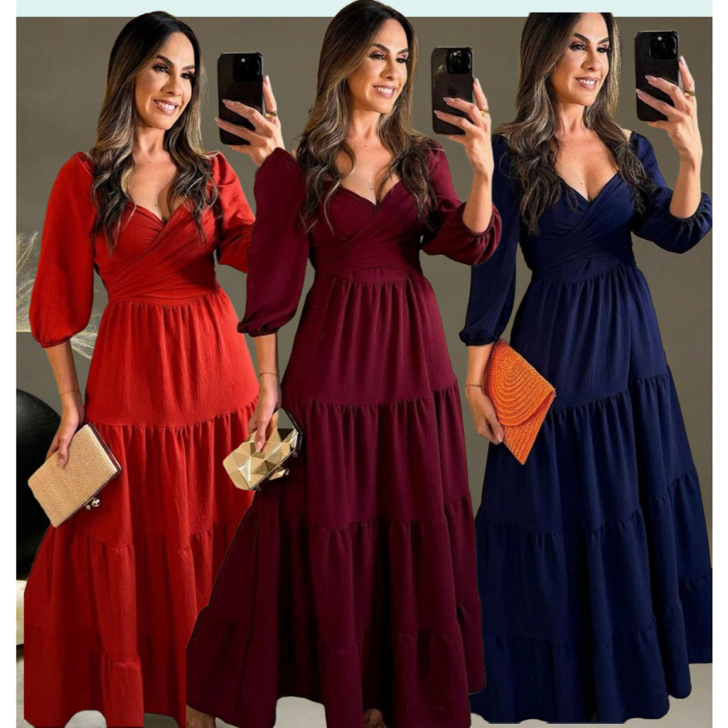 Vestido longo feminino para festa aniversario, casamento com decote Ombro a ombro