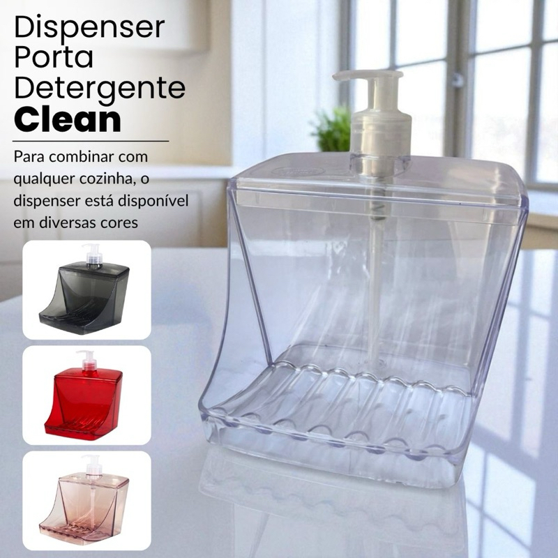 Dispenser Porta Detergente Clean 500 ml com Suporte de Esponja Translucido Transparente para Cozinha