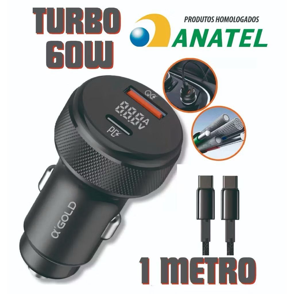 Carregador Veicular Turbo TIPO C + USB 60W Turbo Carregamento rápido/Universal A GOLD Original CARRO