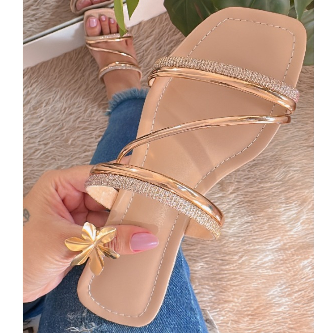 Sandália Feminina Rasteirinha Confortável Rose Tiras Com Brilho Leve 33 ao 43 Pronta Entrega