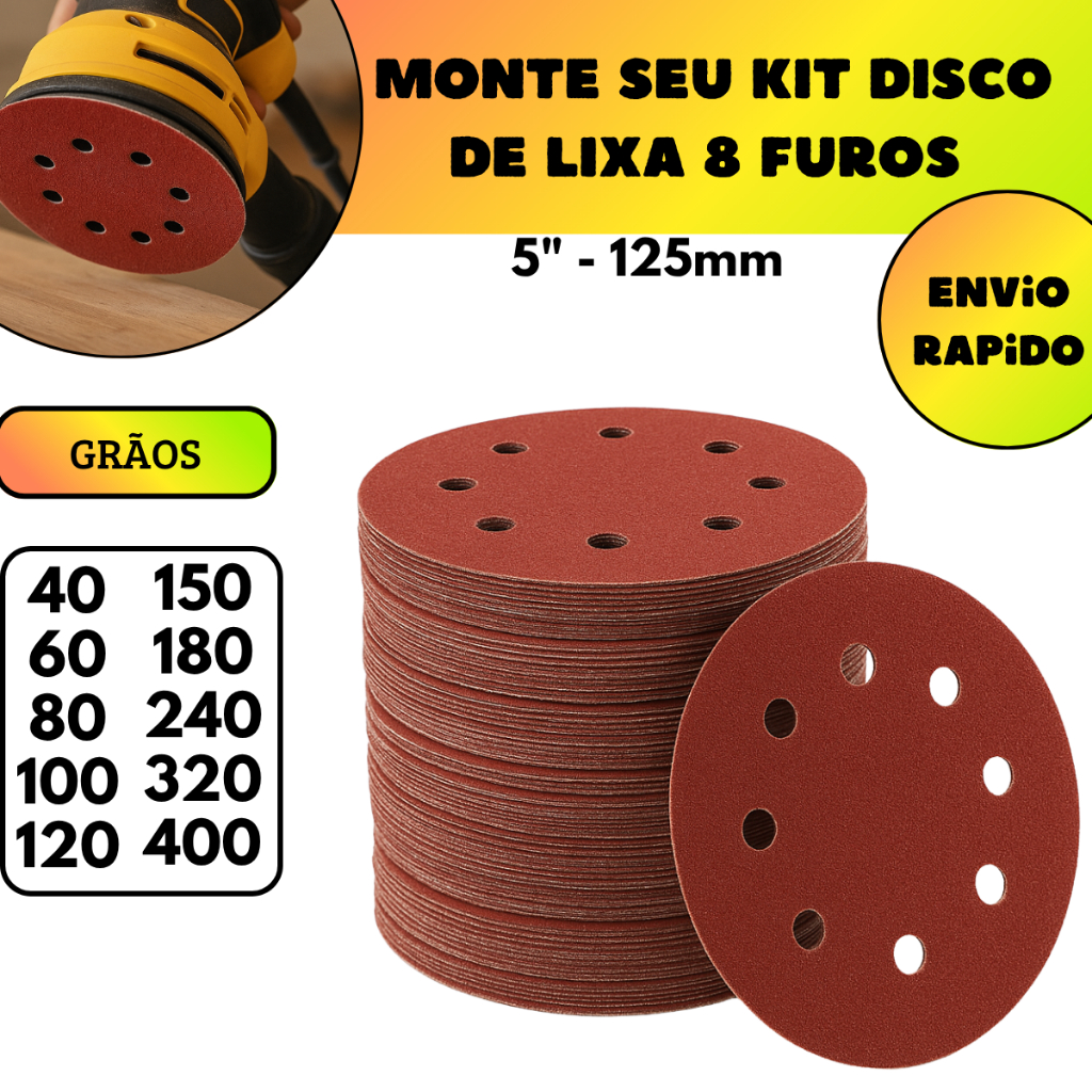Kit Lixas Circulares 8 Furos e Velcro Para Lixadeira Madeira Metal e Massa Corrida -5" 125mm