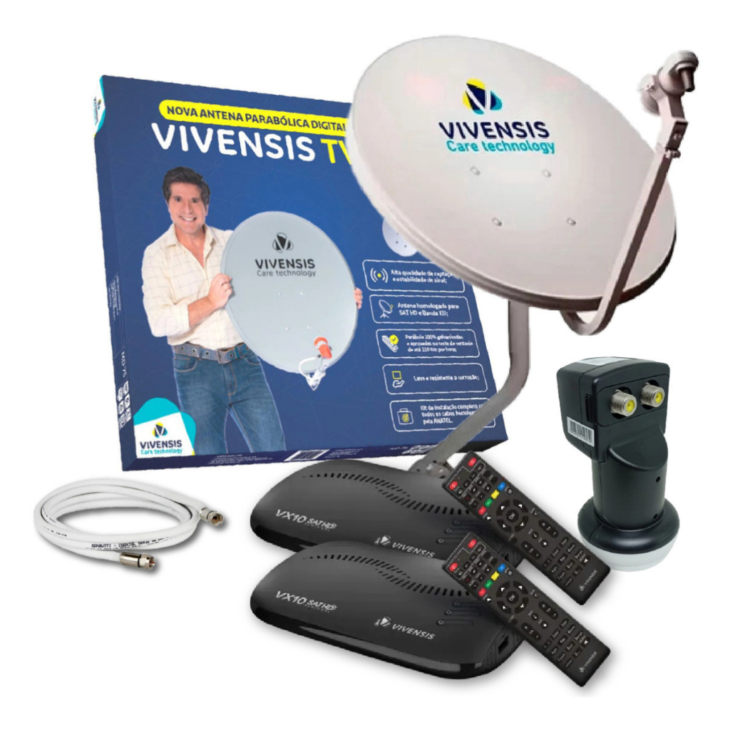 Kit com Antena e 2 Receptor Vivensis VX10 Digital banda Ku LNB Duplo