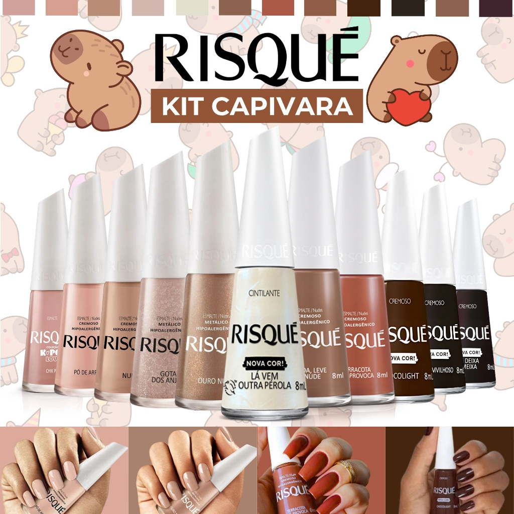 Kit 11 Esmaltes Risqué Marrom Chocolate Nude Esmalte Capivara Atacado