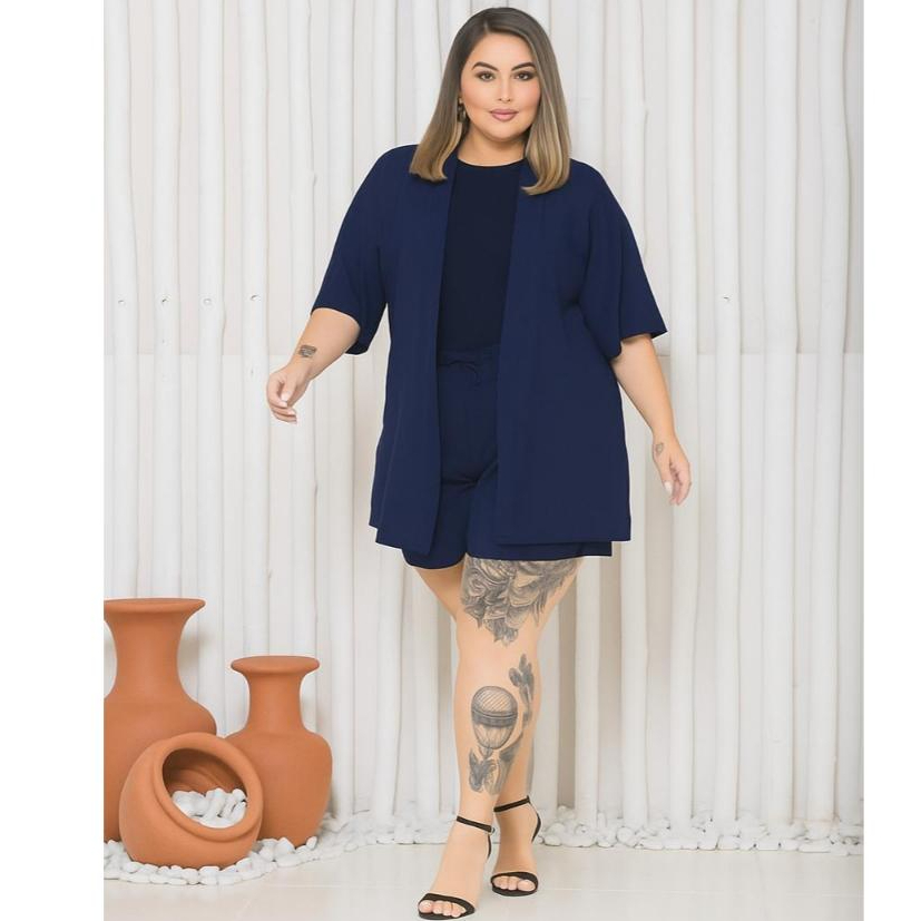 Conjunto Femenino Plus Size Kimono + Short em Viscolinho XG ao G3