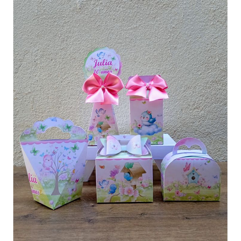 Kit Festa Caixinhas Personalizada  Lembrancinha JARDIM ENCANTADO PÁSSAROS E BORBOLETAS Pegue e Monte