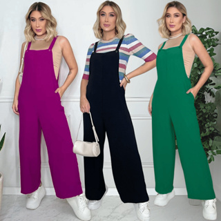 Macacão Jardineira Feminino Longo Casual Liso Jardineira Gestante Crepe em Oferta na Shopee