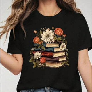 Camiseta Feminina Livros Flores Camisa 100% algodão Modelo Casual de Verão em Oferta na Shopee