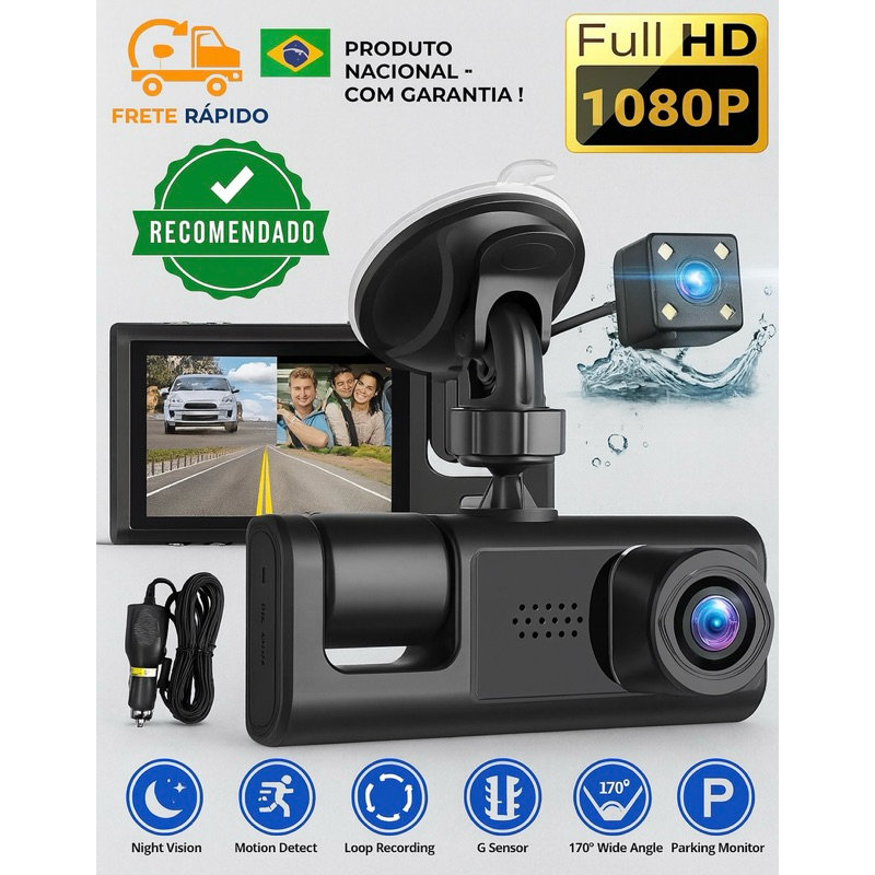 Câmera Veicular 3 Lentes Full HD – Frontal, Interna e Traseira com Visão Noturna + camera de Ré em Oferta na Shopee