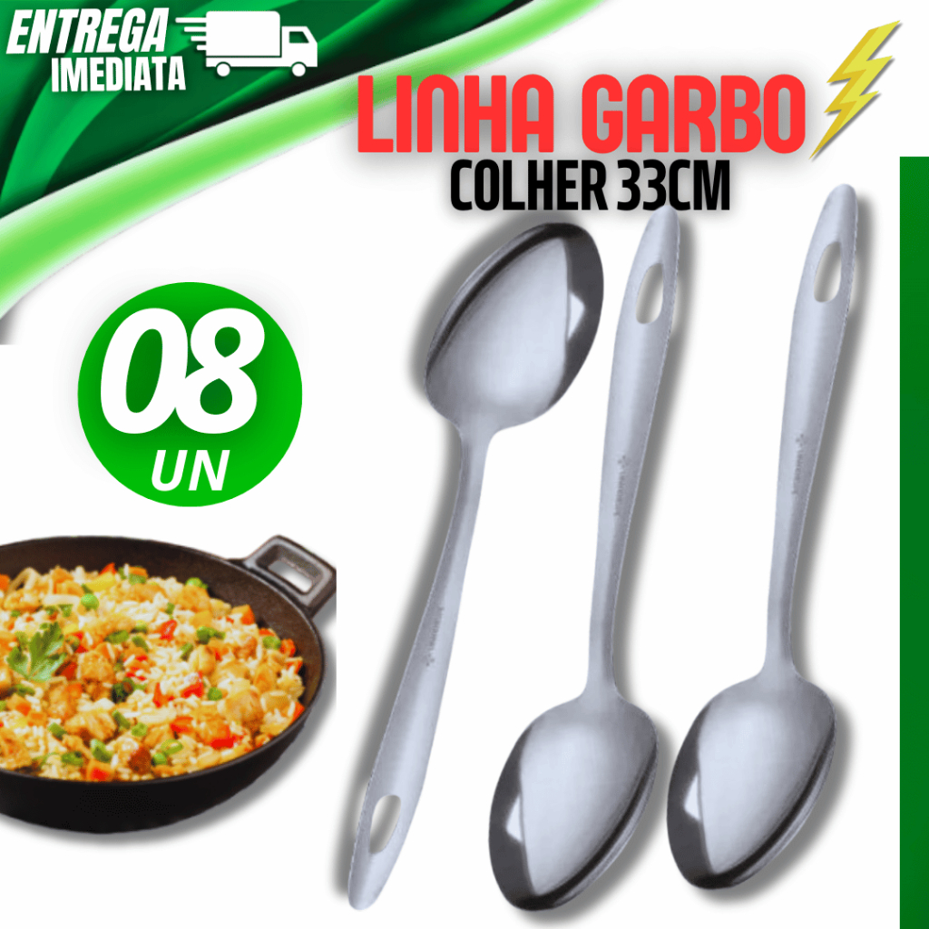 KIT Conjunto 08 Peças Colher De Arroz Inox Linha Garbo Multiuso Cozinha 33cm Variáveis Utilidades