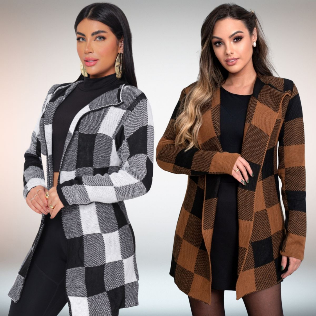 Kimono Cardigan Xadrez Casaco Sobretudo Tricô Moda Inverno Feminino ONCA Tricot Tendência Moda Frio Inverno Manga Longa