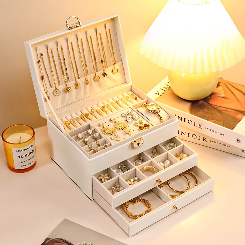 Caixa Organizadora de Joias com Divisórias com Chave Grande Portátil Luxuoso Porta Joias Q19 em Oferta na Shopee