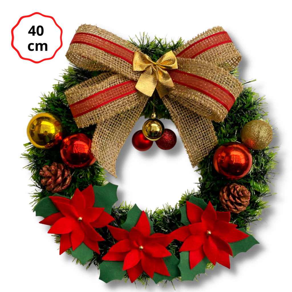 Guirlanda de Natal Artesanal Premium 40 cm com Laço, Pinhas e Folhagens em Feltro + Brinde! Últimas peças!
