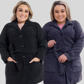 Casaco Plus Size Feminino Elegante Em Bouclé Peluciado Confortável Com Bolso em Oferta na Shopee