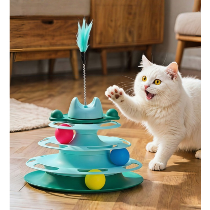Jogo de Trilho Interativo para Gato de 4 Níveis, com 3 Bolinhas + Pena, Brinquedo de Diversão
