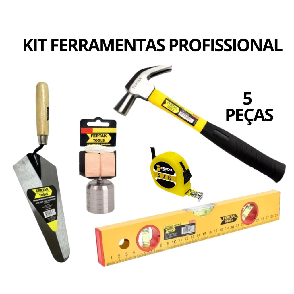 Kit Ferramentas Pedreiro Obra Reforma Colher Martelo Prumo Trena Nível - Kit 5 Peças Profissional