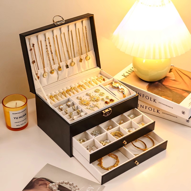 Porta Joia Organizador Grande Dupla Camada Couro com Chave com Divisórias Multifuncional Q19