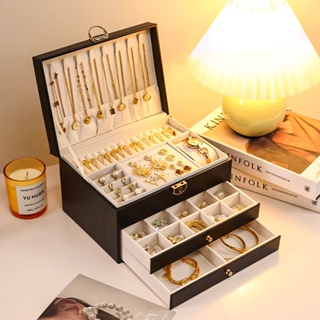 Porta Joia Organizador Grande Dupla Camada Couro com Chave com Divisórias Multifuncional Q19 em Oferta na Shopee