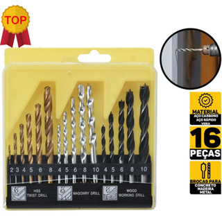 Kit Jogo De Brocas Estojo 16 Peças Madeira Metal Concreto em Oferta na Shopee