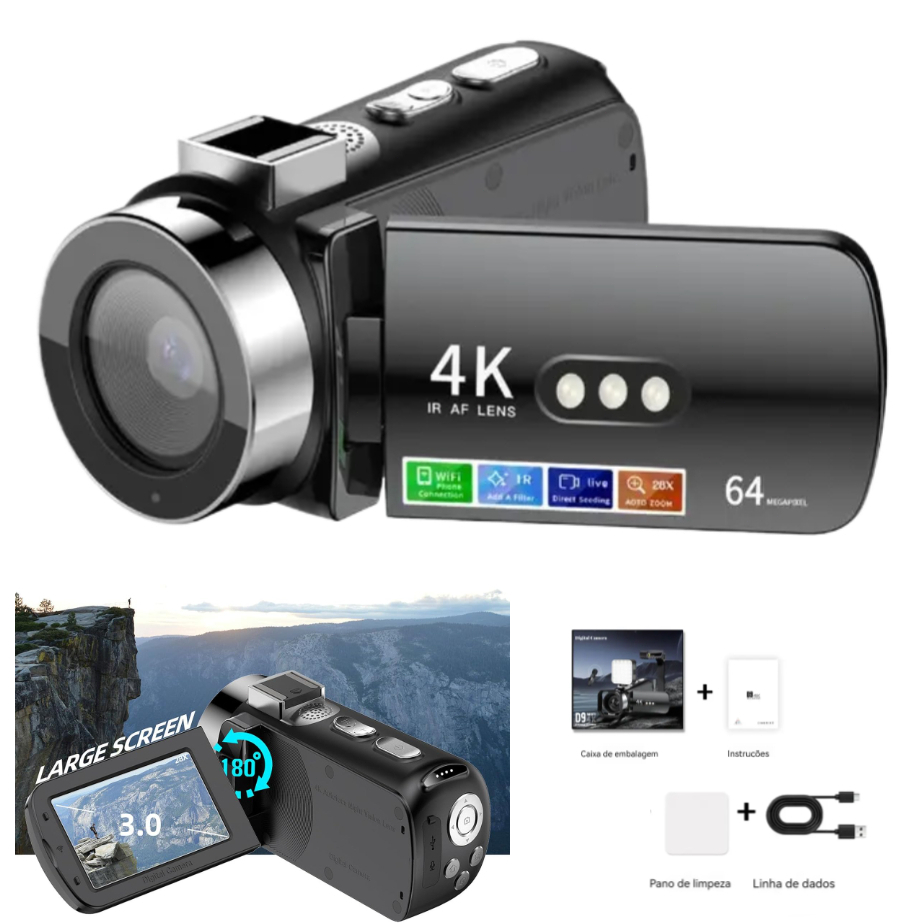 Câmera de vídeo digital portátil hd 1080p, 16mp, tela lcd de 2,7", zoom digital de 16x, bateria integrada