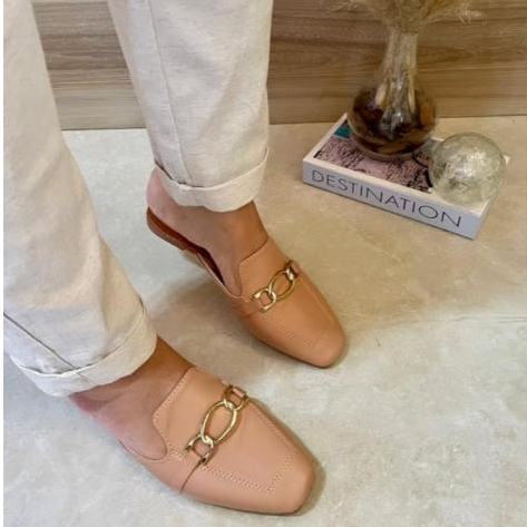 Mule Feminino Muller Mocassim Argola Elegante Bico Quadrado Sapatilha