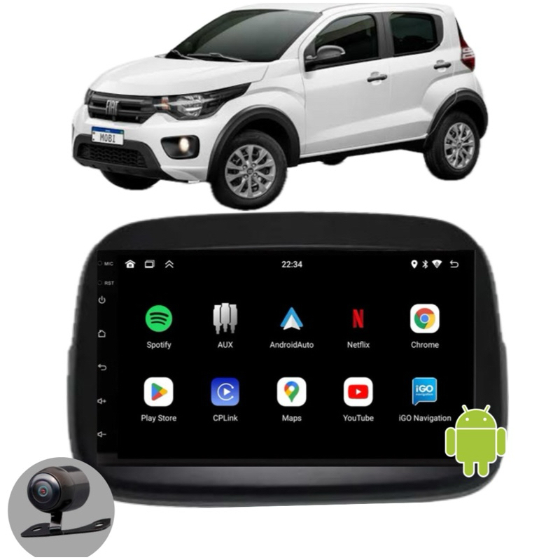 Kit Multimídia MP5 Android Carplay Com Moldura Fiat Mobi 2017 2018 2019 2020 2021 2022 2023 + Câmera Ré