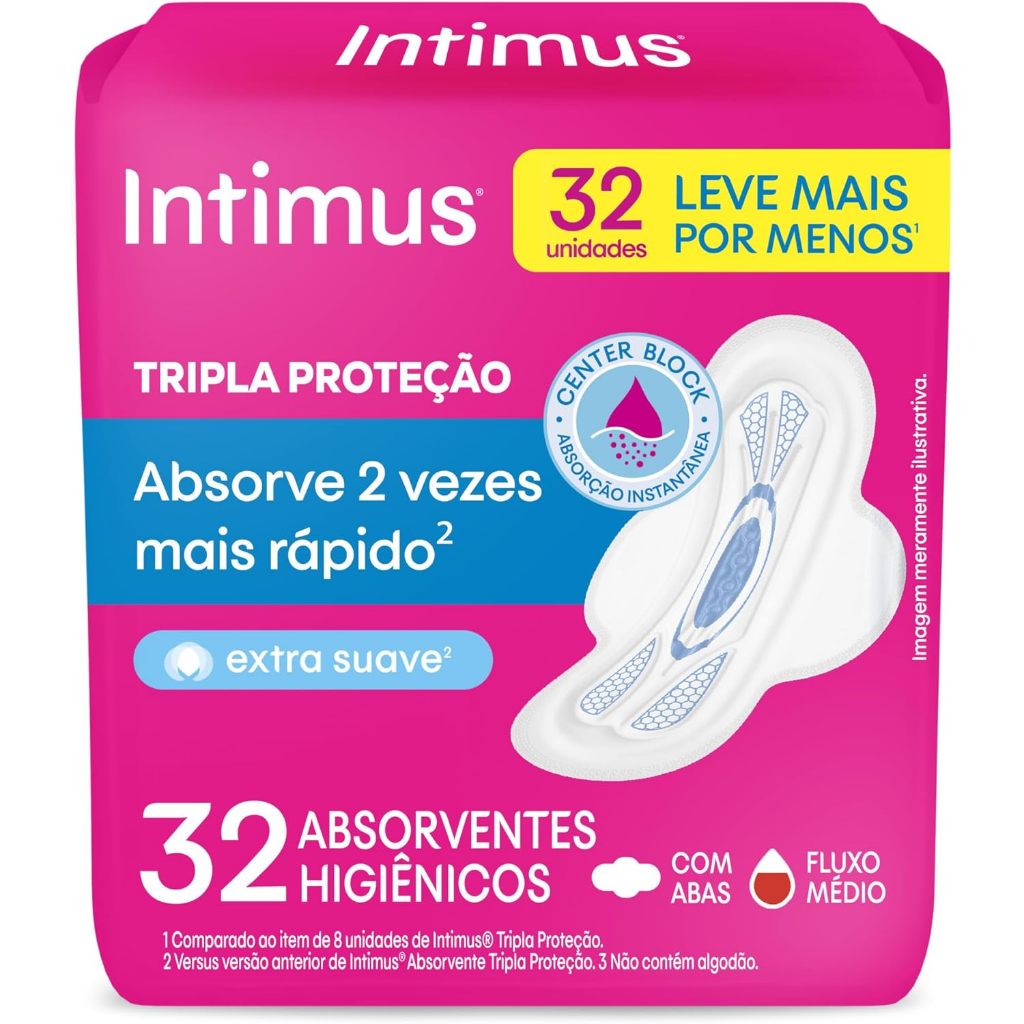 Absorvente Intimus Tripla Proteção Fluxo Médio Suave Com Abas 32 Unidades em Oferta na Shopee