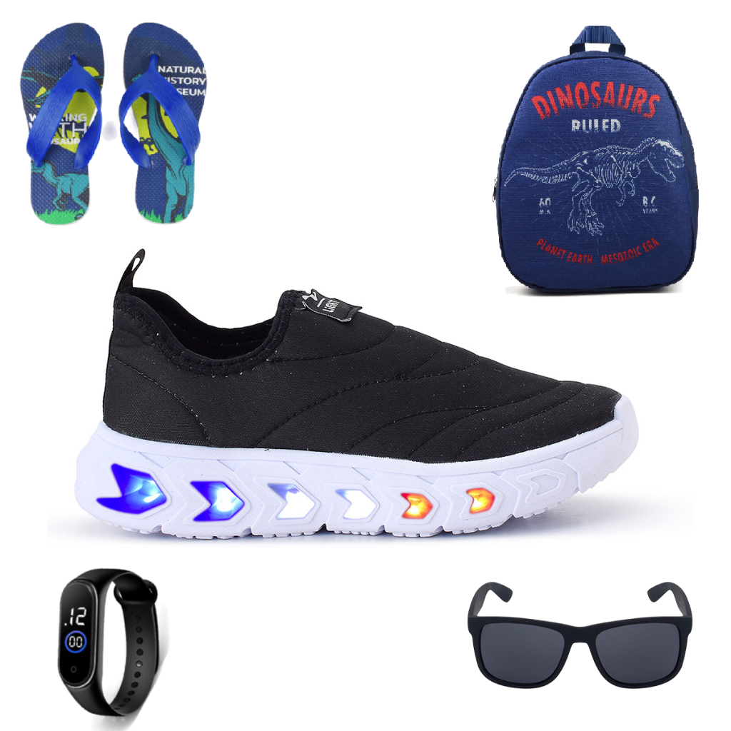 Tenis Infantil de Led Menino e Menina Calce Facil Preto e Branco e Mochila Chinelo Óculos e Relógio Atacadão Divinopolis