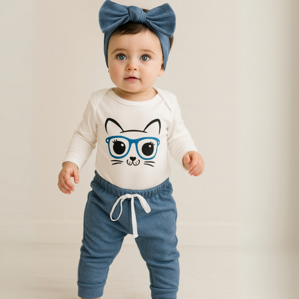 Conjunto Bebe Menina Estilo Bloguerinha Body Manga Longa com Calça de Sarja + Faixinha de Cabelo em Oferta na Shopee