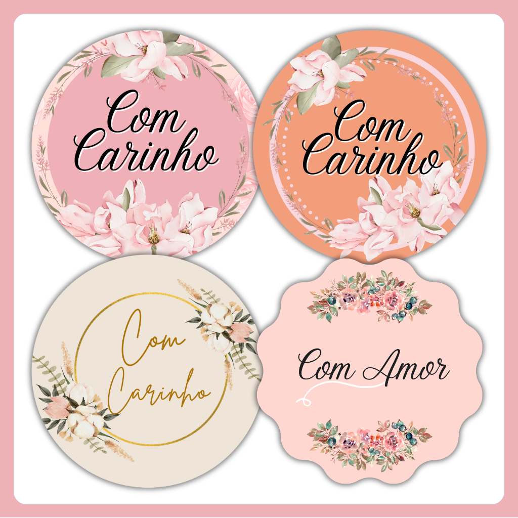 Kit 130 Adesivos com Carinho Com Amor Decorativa Presente Embalagem Cliente 4x4