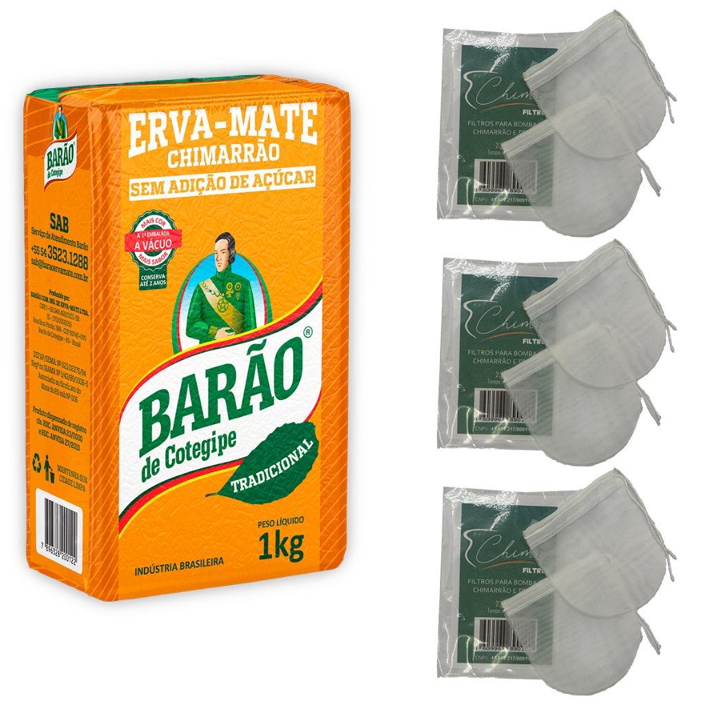 Erva Mate Barão Tradicional 1kg a vácuo Sem Açúcar + 6 Filtro Para Bomba
