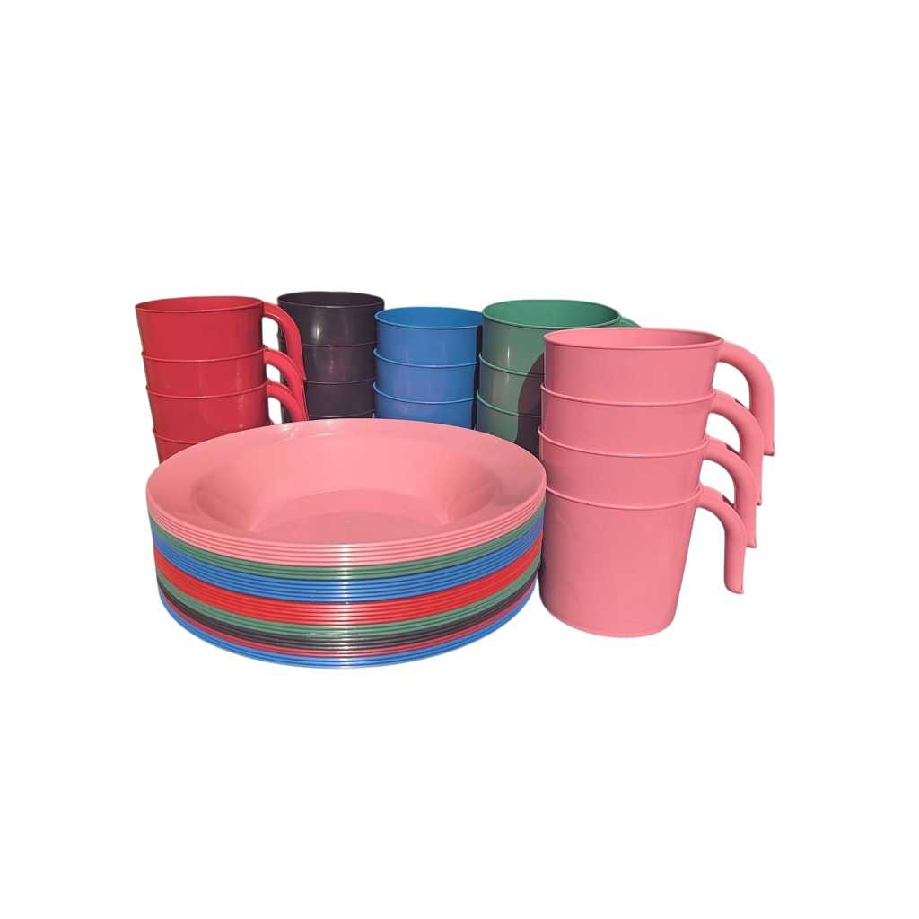 Kit Pratos Fundos Redondos + Canecas Empilhável Reutilizável Lanche Refeições Festas em Oferta na Shopee