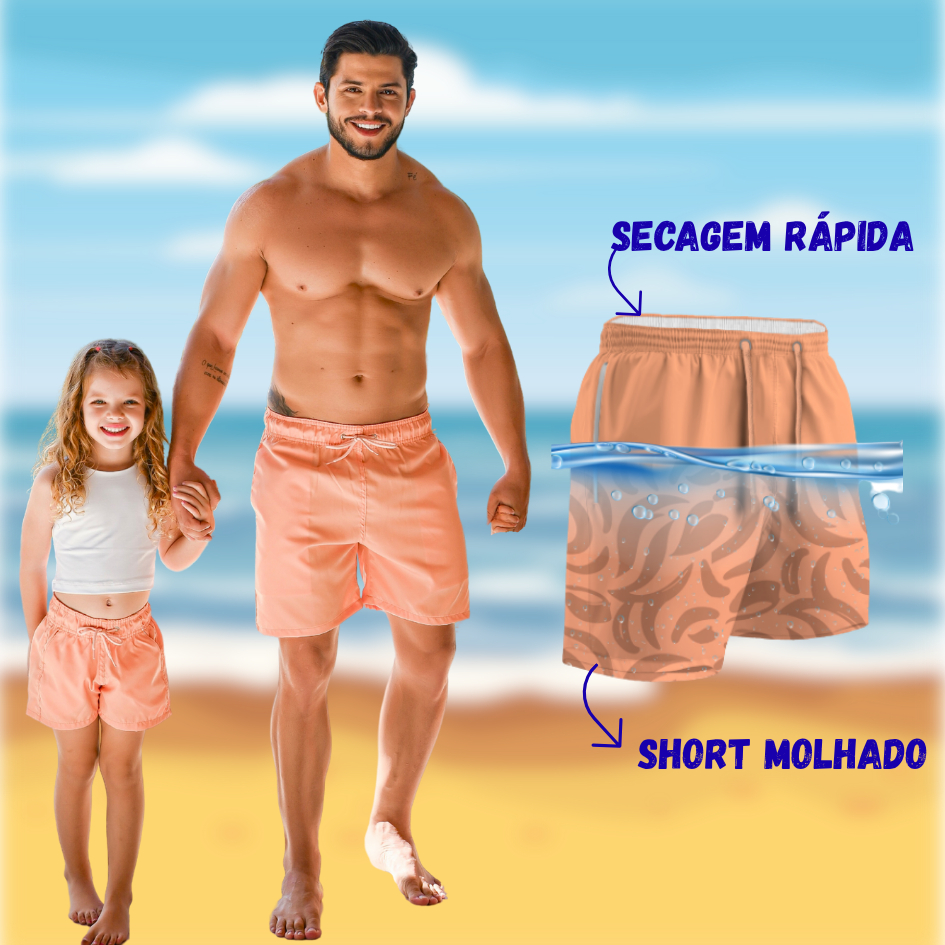 Kit Short Mágico Pai e Filha Pêssego Suave Moda Praia Família Estampa Mágica Aparece na Água