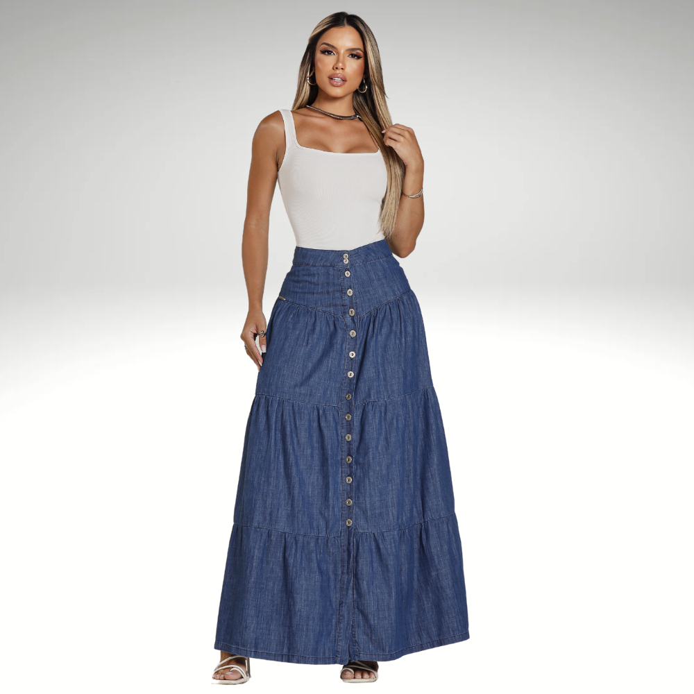Saia Jeans Feminina Longa Midi Liocel Tencel Moda Evangelica Três Marias Elegante em Oferta na Shopee
