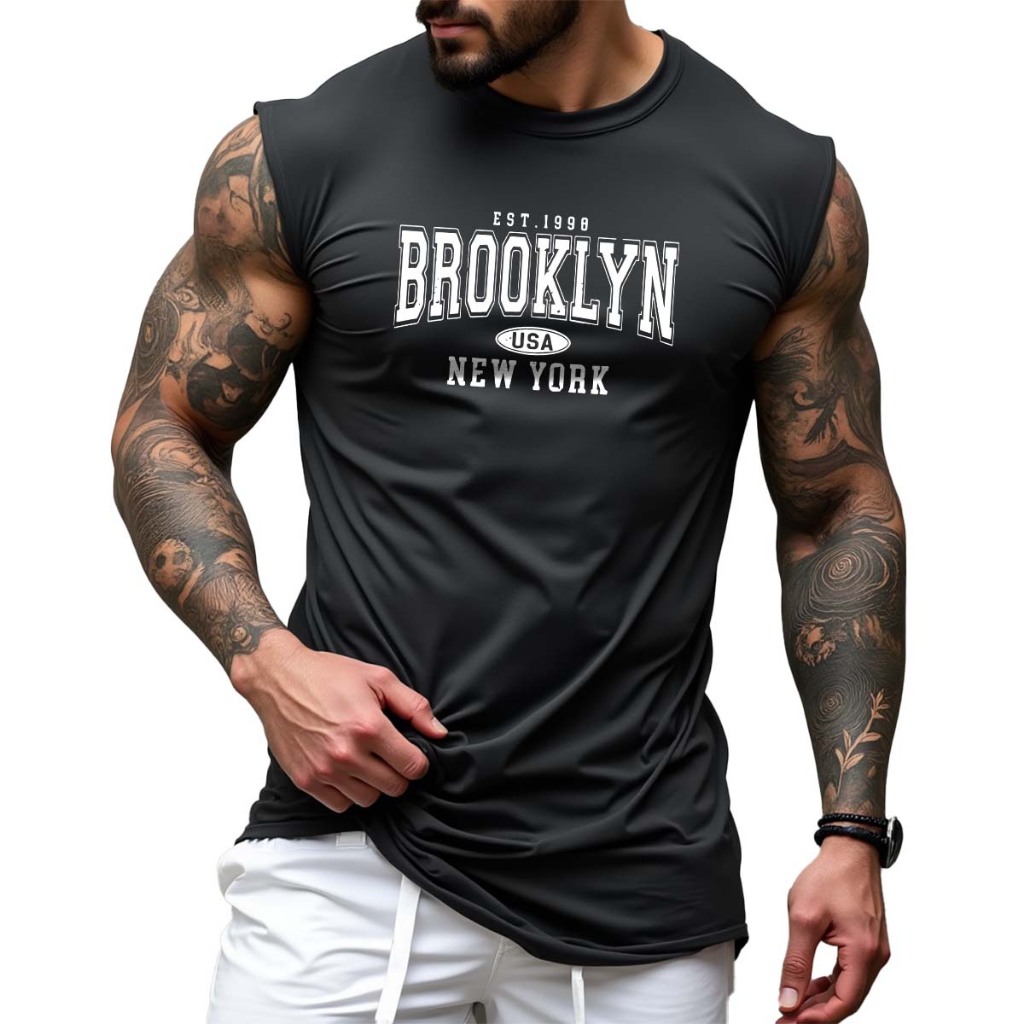 Camiseta Regata Oversized Streetwear Estampada Brooklyn Em Algodão Camiseta Cavada Regata Oversized Streetwear Estampada