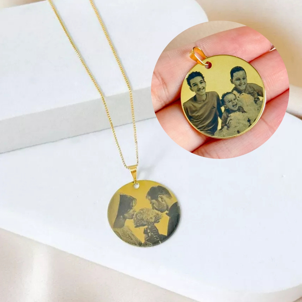 [ SEMI JOIA ] Colar Personalizado Foto 28mm Masculino 60cm Masculina Banhado Ouro 18k Presente Mimo Dia Namorados