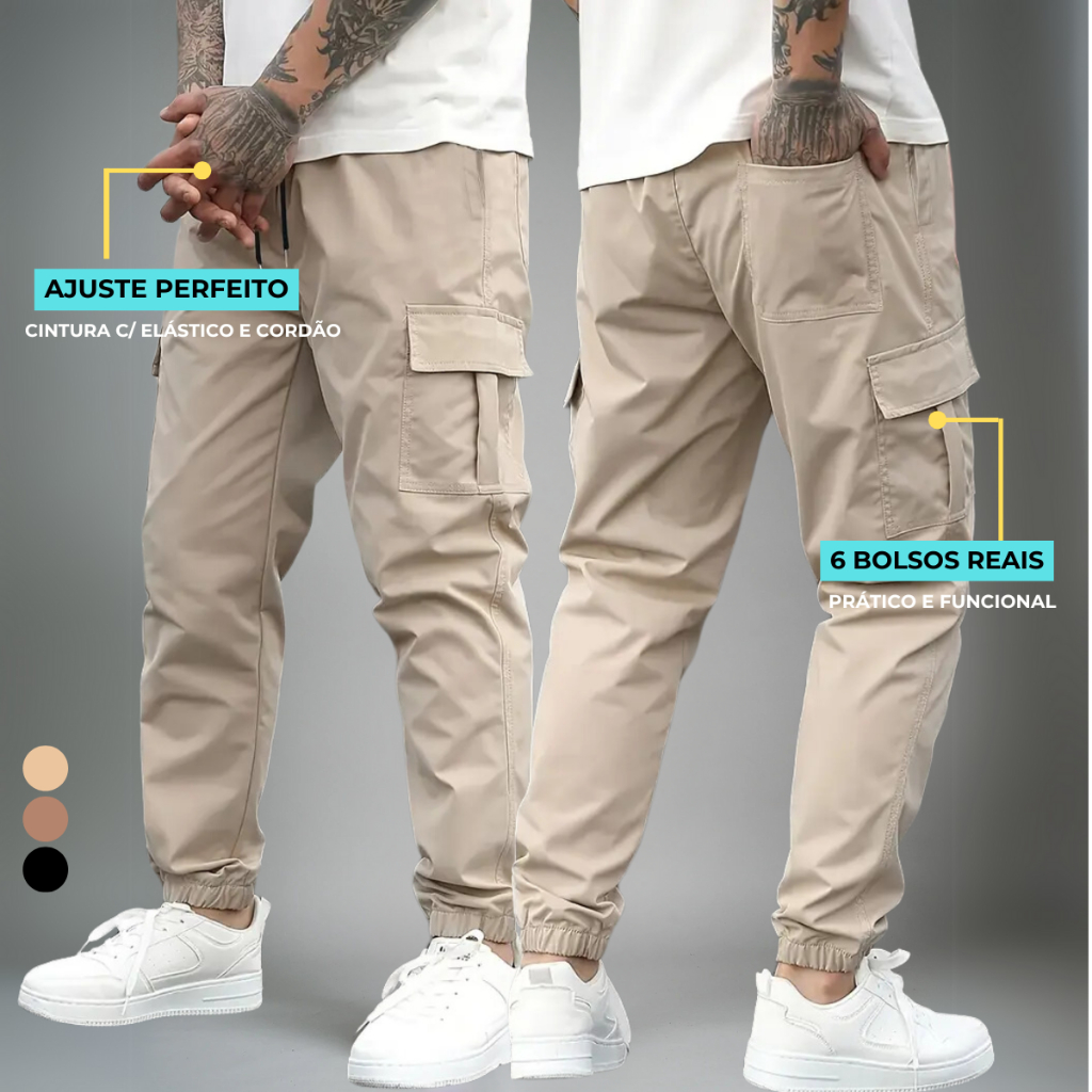 Calça Cargo Masculina Jogger Streetwear Com Punho e Cordão 34 Ao 44 + 3 Cores