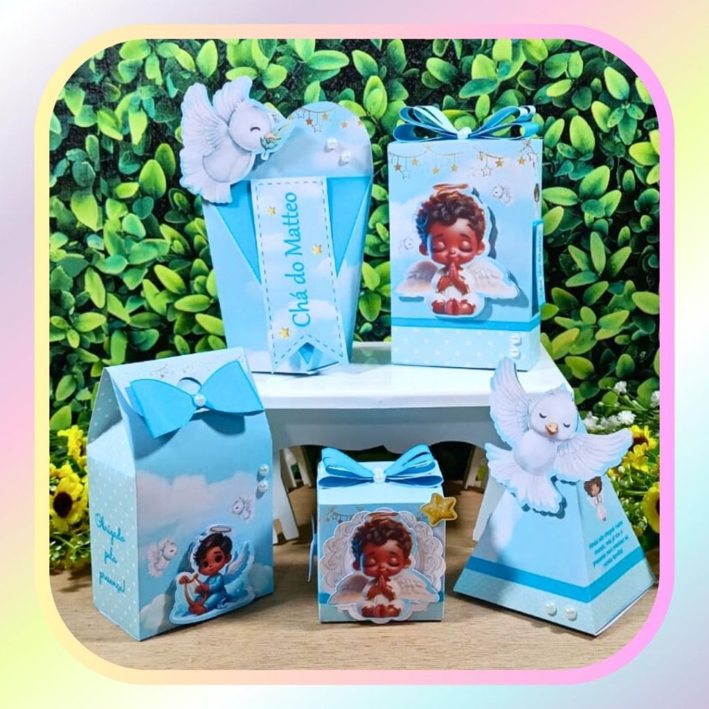 Kit 20 Caixas Lembrancinha de Chá de Bebê Personalizada Anjo Moreno Azul - Monte Você Mesmo - Fácil Montagem
