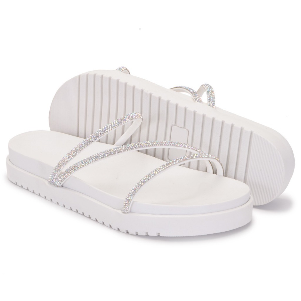 Sandália Feminina Estilo Rasteira com Tiras Brilhantes Fashion e Leve Minimalista