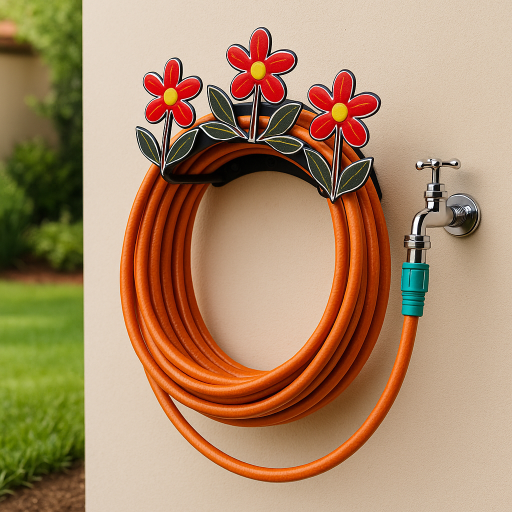 Suporte Em Aço Fixo Em Parede Enrolador De Mangueira Organizador De Quintal Jardim Area Externa - FLOR BASE PRETA
