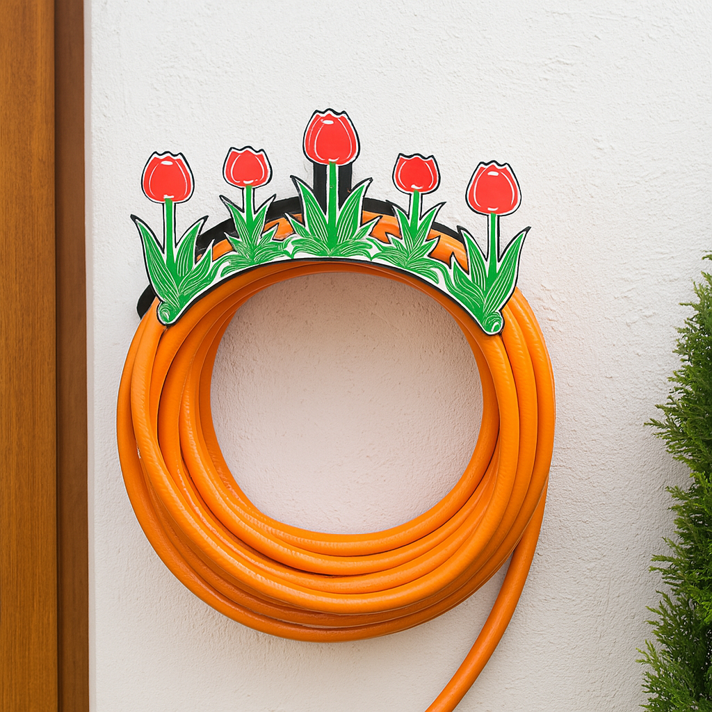Suporte Em Aço Fixo Em Parede Enrolador De Mangueira Organizador De Quintal Jardim Area Externa - TULIPAS COLORIDAS
