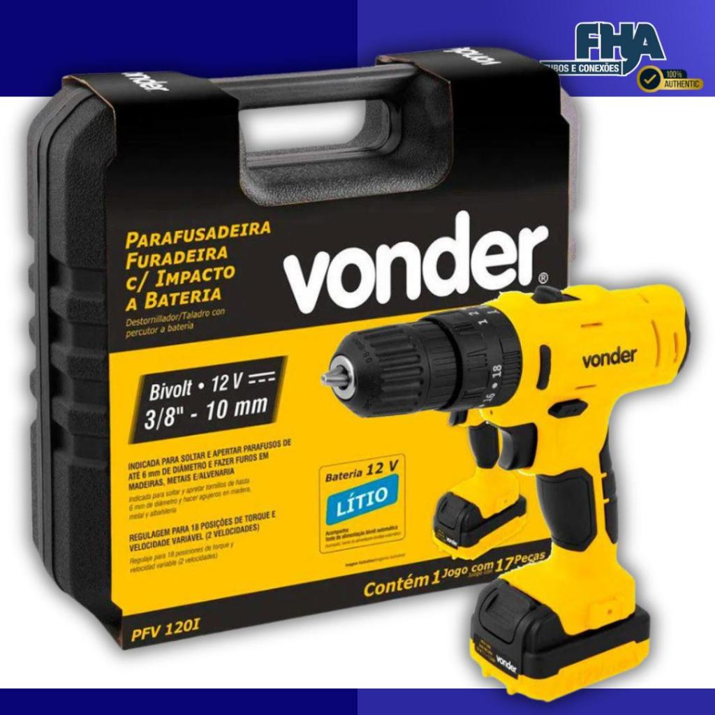 Parafusadeira Furadeira à Bateria 12V bivolt Pfv 012 com Kit Brocas, Bits e Trena VONDER