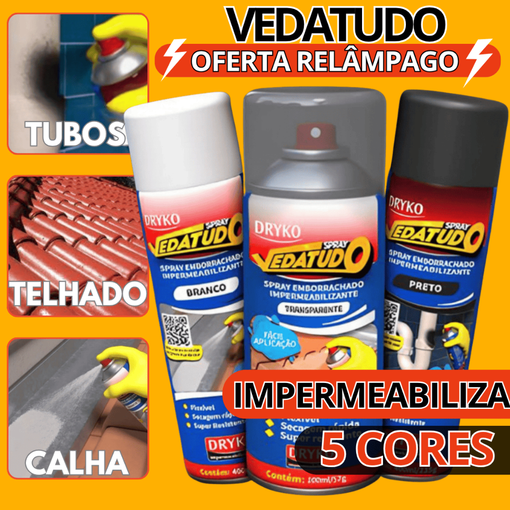 Spray vedatudo Impermeabilizante 400ml Borracha Líquida Manta Vazamentos Preto Branco Incolor em Oferta na Shopee