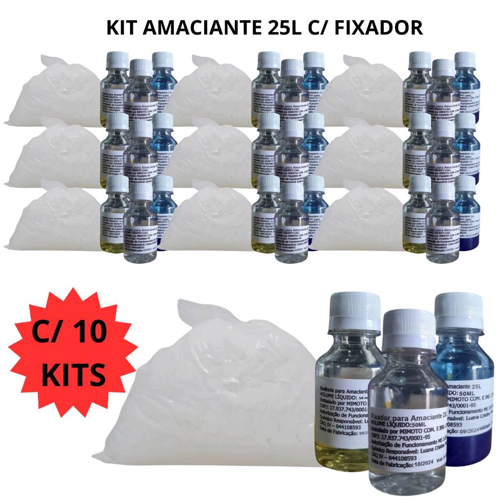 Kit 10 Itens Base Concentrada Faz 25L de Amaciante c/ Fixador Cada Rendimento 250 Litros - Faça Você Mesmo